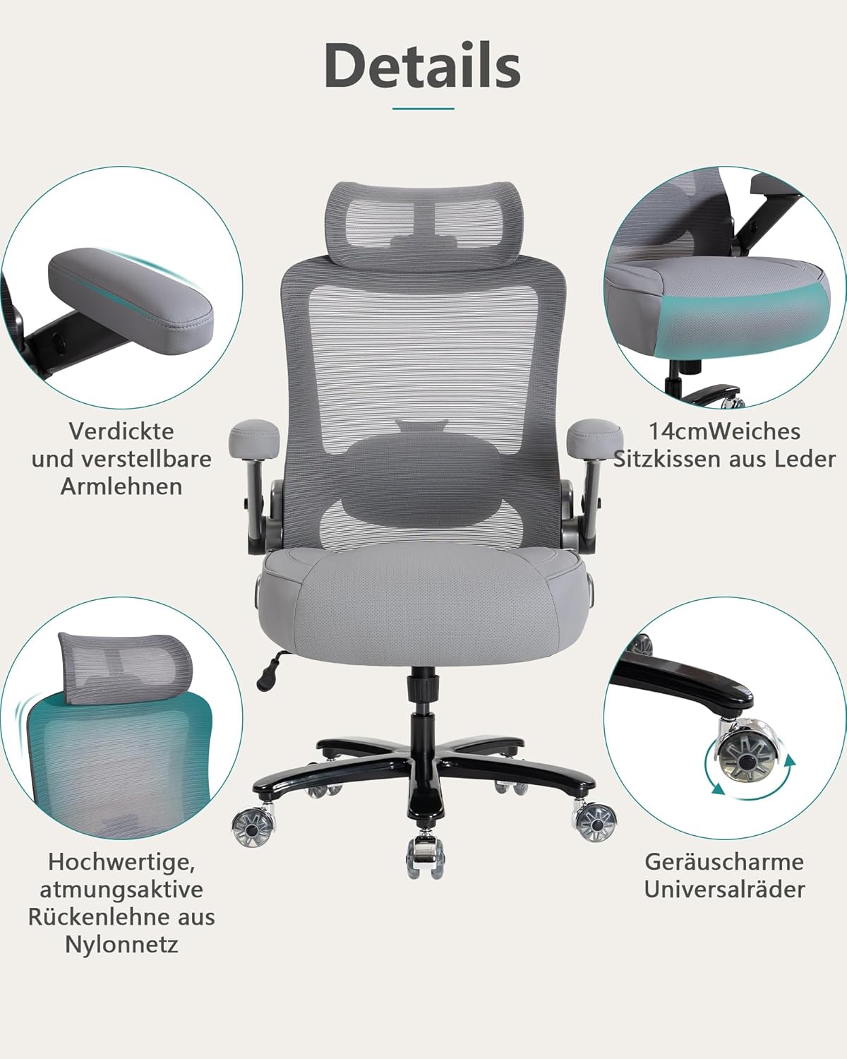 Bürostuhl mit Lordosenstütze & Kopfstütze, bis 350 kg belastbar