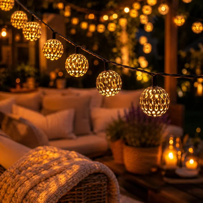 Solárne LED marocké reťazové svetlá, vodotesné záhradné, vonkajšie, svadobné, halloweenske, párty, prízvuk 50 30 20 LED guľa