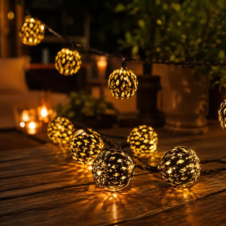 Solárne LED marocké reťazové svetlá, vodotesné záhradné, vonkajšie, svadobné, halloweenske, párty, prízvuk 50 30 20 LED guľa