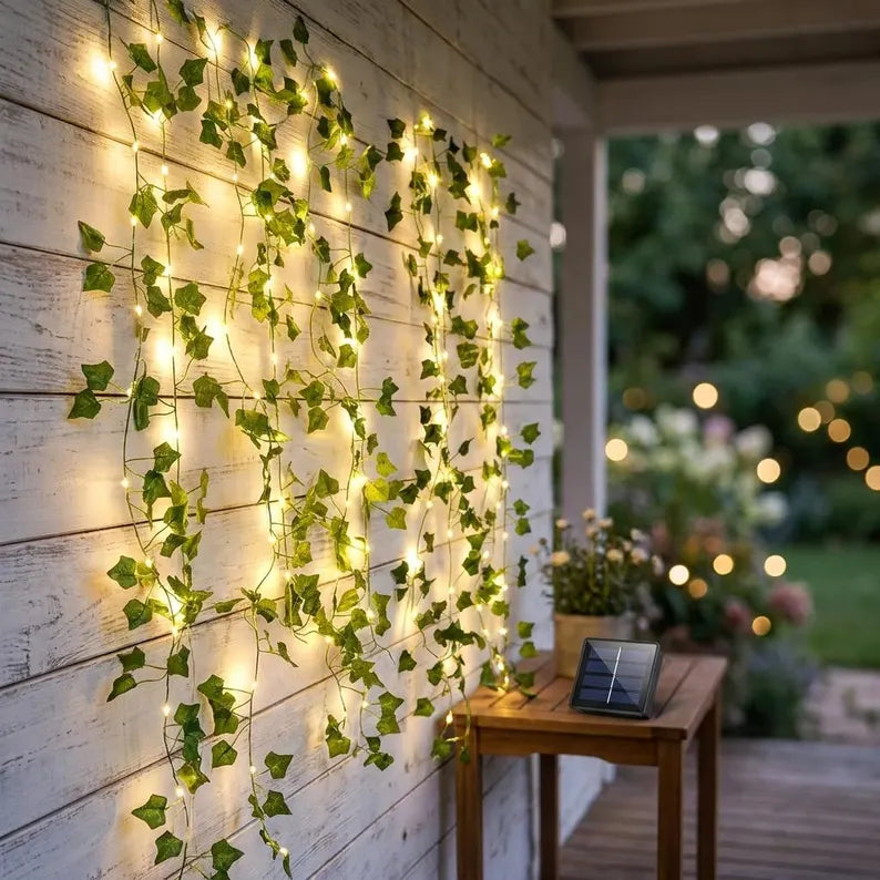 Zelené rozprávkové svetielka solárne napájané vonkajšia dekorácia 50LED 100LED umelé listy brečtanu záhradný akcent svadobná ozdoba interiérová a exteriérová