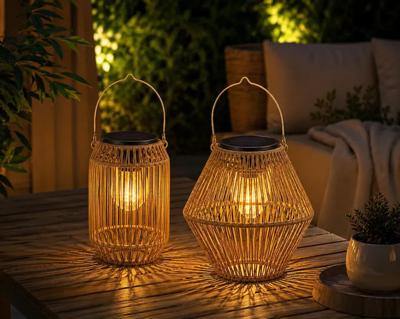 Sada solárnych ratanových lampášov – boho vonkajšie závesné svietidlá do záhrady, na terasu a na balkón