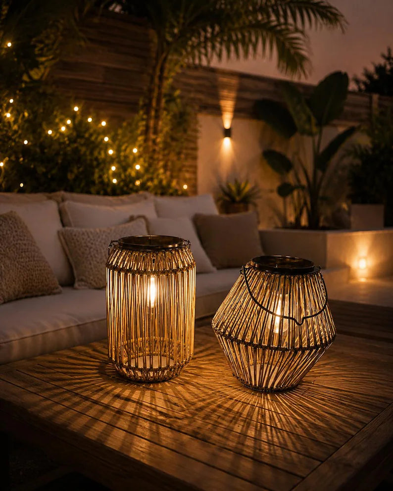 Sada solárnych ratanových lampášov – boho vonkajšie závesné svietidlá do záhrady, na terasu a na balkón