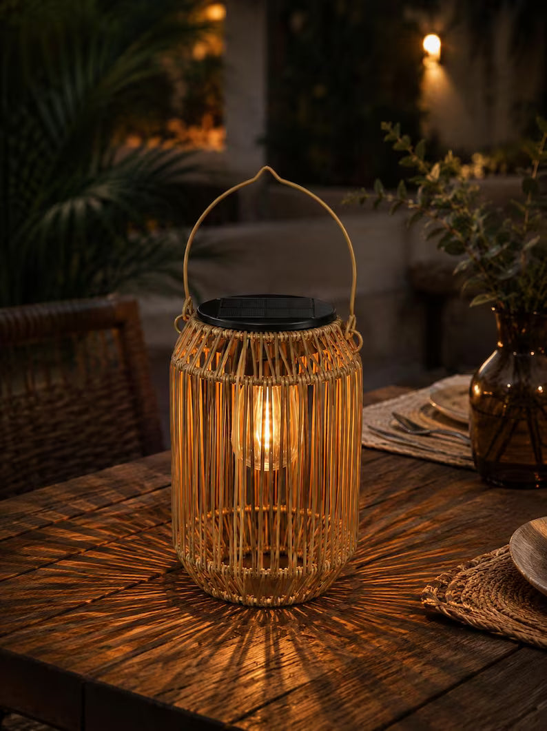 Sada solárnych ratanových lampášov – boho vonkajšie závesné svietidlá do záhrady, na terasu a na balkón