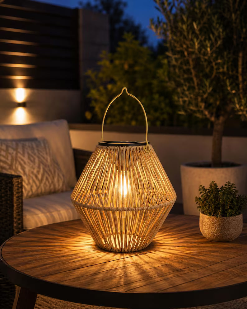 Sada solárnych ratanových lampášov – boho vonkajšie závesné svietidlá do záhrady, na terasu a na balkón